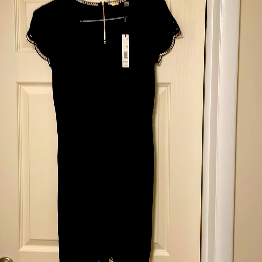 Navy blue scalloped sleeve and hem dress